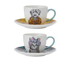 LifetimeBRANDS porcelianinių puodelių su lėkštutėmis rinkinys "Cat and dog", 2 vnt., 240 ml