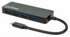 Manhatta 4-Port USB 3.2 Gen 1 Hub, USB-C Male to 4 USB-A Females, 5Gbps Transfer Speeds, Bus Powered, Black, 164924