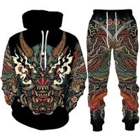 Japonija Samurajus Oni Kaukė Tatuiruotės Menas 3D Spausdinimo Sportinio Kostiumo Rinkiniai Laisvalaikio Gobtuvukas + Kelnės 2 vnt. Rinkiniai Mada Vyras Moteris Harajuku Gatvės Apranga S
