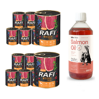 DOLINA NOTECI Rafi su antiena 12x800g + LAB V Lašišų aliejus šunims ir katėms 500ml