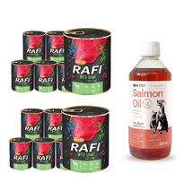 DOLINA NOTECI Rafi su elniena 12x800g + LAB V Lašišų aliejus šunims ir katėms 500ml
