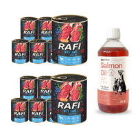 DOLINA NOTECI Rafi su ėriena 12x800g + LAB V Lašišų aliejus šunims ir katėms 500ml