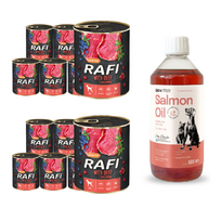 DOLINA NOTECI Rafi su jautiena 12x800g + LAB V Lašišų aliejus šunims ir katėms 500ml