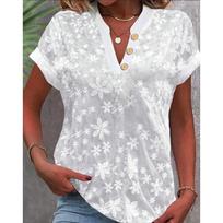 Summer Minimalist Casual Top White V-neck Solid Color Embroidered Shirt for Women Blouses S balta