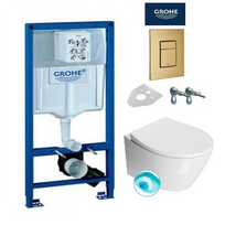 Grohe potinkinis wc rėmas braižyto aukso spalvos mygtuku ir GSI Modo pakabinamas klozetas su SWIRLFLUSH® nuplovimo sistema