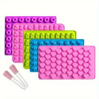 5 vnt./rinkinys Silikoninės guminukų formelės, Guminukų formelės su 2 pipetėmis, Nelipnios silikoninės saldainių formelės apima mini dinozaurų, meškiukų, širdelių, mini spurgų formeles