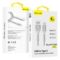 Blavec kabelis Raptor pintas – USB į Type C – 3A 1 metras Apple CarPlay/Android Auto (CRA-UC3WS10) baltos ir sidabro spalvos