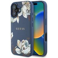 GUESS case for IPHONE 16 compatible with MagSafe GUHMP16SPGNMPLMB (PU Grained Flowers Classic Logo) in blue