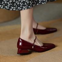 Mary Jane bateliai Bordo spalvos Kvadratiniu priekiu Odiniai Bateliai Moterims Retro Lakiniai Bateliai Chaussure Femme Mažo Kulno Aukštakulniai 36 bordinė