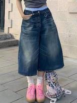 90s Vintage Streetwear Wash Wide Leg Shorts Women Summer Y2k Baggy Denim Cropped Pants Fashion High Waisted Knee Length Jeans S mėlyna