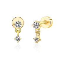 925 Sterling Silver Mini Zircon Thick Flat Screw Back Drop Earrings For Women K Gold Piercing Stud Earrings Jewelry