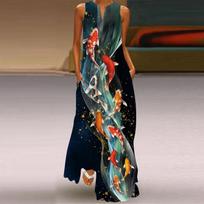 Moteriška A formos suknelė Maxi ilgomis rankovėmis Carp Leaping Dragon Gate Print Rudens ir Žiemos V formos iškirpte Retro Style Elegant XS raudona