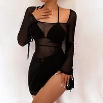 Sexy See-Through Mesh Sheer Cover Ups Mini Dress Women Lacing Long Sleeve Square Neck Slit Short Dress Beach Clubwear S juoda