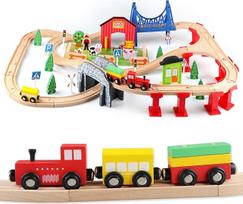 "Jacootoys" 80 dalių medinių traukinių rinkinys Medinis traukinių žaislas Kombinuotas žaislinis traukinys vaikams 3+ metų mergaitėms berniukams