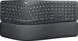 "Logitech ERGO K860" - belaidė ergonominė klaviatūra su padalytomis klaviatūros dalimis, riešo apdangalu ir natūralaus bakstelėjimo palaikymu - "Windows" / "Mac", "Bluetooth", USB imtuvas, QWERTZ išdėstymas, grafitas