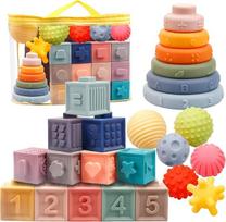 "Montessori" minkštas "Squeeze" kūdikių žaislų rinkinys su kamuoliukais, kaladėlėmis ir bokštu, Montessori sensorinis žaislas, kramtomasis žiedas, lavinamasis mokymosi žaislas mažyliams nuo 6 9 12 mėnesių, 1 metų berniukas, mergaitė, pakuotė