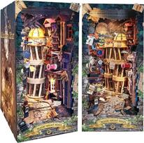 "Spilay" "pasidaryk pats" knygų kampelio rinkinys, "pasidaryk pats" lėlių namai, medinių miniatiūrinių namų baldų rinkinys su LED šviesa, 3D medinė dėlionė "Bookend Bookshelf Decoration", knygų stendų modelio kūrimo kūrybiškumo rinkinys (Magic Night Alley