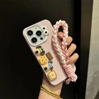 For iPhone 16 15 14 13 12 11 Pro Max Plus Phone Case 3D Cute Sausage Dog Cartoon Toy With Hand Strap Soft Cover iPhone 11 rožinė