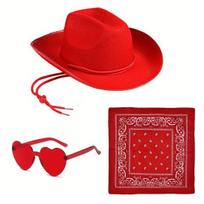 3 vnt./rinkinys Kaubojo skrybėlės rinkinys Moterims Rožinė Vesterniška Veltinė Kaubojės skrybėlė su bandana ir akiniais