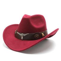 Žieminė moterų vyrų vilnonė tuščiavidurė vakarietiška kaubojiška kepurė su madingu diržu Gentleman Lady Jazz Cowgirl Toca Sombrero kepurė size 56-58cm vyno raudonos spalvos