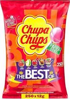 "Chupa Chups Best of Lollipop" maišelis, kuriame yra 250 6 skonių saldainių: Cola, braškių, vyšnių, obuolių, aviečių ir vanilės, 250 x 12 g