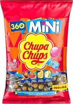 "Chupa Chups Mini Classic Lollipop" maišelyje yra 360 mini saldainių su 4 skoniais: kolos, apelsinų, braškių ir obuolių 360 x 6g