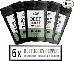 "Craftsman Beef Jerky Pepper" | Džiovinta mėsa be cukraus iš Vokietijos - Bavarijos | Rinkinys 5 x 50g = 250g | 100% jautiena | Daug baltymų 68% | Pipirai | 100% natūralu