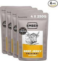 "Ember Snacks" - "Biltong Beef Jerky" (250g x 4 originalūs) Baltymų turtingas, mažai kalorijų turintis, mažai riebalų turintis užkandis keliaujant - pagamintas iš britų ir airių jautienos