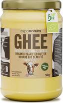 "Exponatura Bio-Ghee" nuskaidrintas sviestas pagal senąją ajurvedos formulę - tik iš ganyklose auginamų karvių pieno, be laktozės, labai gerai virškinamas (500 g, Ghee)
