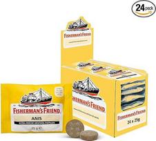 "Fisherman's Friend" anyžių laikymo dėžutė, išskirtinė veislė: Su cukrumi ir vegeta, saldumynai gaiviam burnos kvapui, 24 x 25 g, anyžių ir mentolio skonio, su cukrumi ir veganais