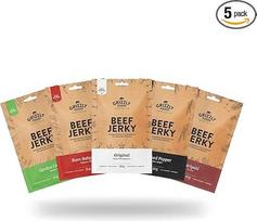 "Grizzly Foods" - 5 rūšių jautienos džiovinta mėsa (5 x 50 g) - džiovintos Vokietijos galvijų mėsos užkandis, turintis daug baltymų - idealiai tinka keliaujant, biure, sportuojant