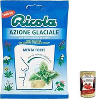 "Ricola Azione Glaciale Menta Forte" saldainiai su mentoliu, gaivinantys, be cukraus, 70g + itališka gurmaniška "Polpa" 400g, 12 vnt.
