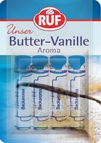 "RUF Backaroma Butter Vanilla", 4 buteliukai vanilės aromato pyragams, pyragaičiams, vafliams ar sausainiams, dozavimas po lašelį, be glitimo ir veganiškas