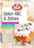 "RUF Decor" ABC raidės ir skaičiai, baltas šokoladas su natūraliais žaliais, rožiniais ir mėlynais maistiniais dažais, be glitimo, 1x32g (pakuotė gali skirtis)