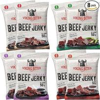 "Viking Bites Beef Jerky" mišri dėžutė 400 g (8 x 50 g) - 2 x Original, 2 x Jalapeno, 2 x Barbecue, 2 x Teriyaki - Džiovinta jautiena - daug baltymų turintis mėsos užkandis