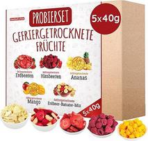 Degustacinis rinkinys "Freeze Dried Fruits" 5 x 40 g, vaisių liofilizuotų braškių, aviečių, ananasų, mangų, braškių ir bananų mišinys, be priedų, pagamintas Vokietijoje