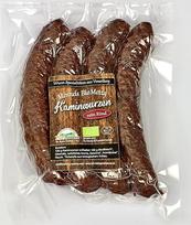 Ekologiška jautiena Kaminwurzen - 100% jautiena - be cukraus - be glitimo - be cheminių priedų - iš kontroliuojamos ekologinės žemdirbystės (pakuotė po 4 vnt.) - ekologiška mėsos parduotuvės menė