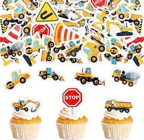 Pakuotė 64 Valgomieji kelio ženklas Statybinė transporto priemonė Cupcake Toppers Sunkvežimių ekskavatorius Tortas Dekoravimo Kūdikių Berniukų Vaikų gimtadienis Tortas Toppers Vaflinis popierius Statybinė transporto priemonė Tortas dangteliai