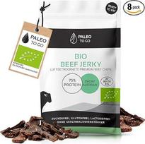 PALEO TO GO Beef Jerky [100 % ekologiška] 75 % daug baltymų turinčios ekologiškos jautienos [pagaminta Austrijoje] Džiovinta ore be konservantų Baltymų užkandis Biltong Snack Džiovinta mėsa 8 x 30 g Mėsos užkandžiai Baltymų traškučiai