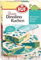 RUF "Dinolino" tortas, trispalvė skardinė citrinų skonio tortas su glajumi ir spalvotais dinozaurų pabarstukais, puikiai tinka vaikų gimtadienio šventėms ir kūdikių dušo vakarėliams, 850 g