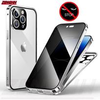 Grūdintas stiklas Apsaugantis nuo smalsių akių Metalinis dėklas iPhone 15 Pro Max 16 14 Plus 13 12 11 su Apsauga Kameros Objektyvui Dvigubas Šoninis Stiklinis Dangtelis iphone 15 sidabras