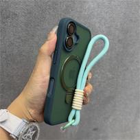 Wrist Strap Matte Clear Magnetic For Magsafe Holder Stand Case For iPhone16 15 11 12 13 14 16 Pro Max Plus With Lens Glass Cover For iPhone 16&Case & Strap tamsiai žalia spalva