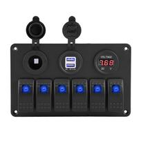 12V 24V 6 jungiklių skydelis automobiliui, laivui, su LED jungikliais, dviguba USB jungtimi, voltmetru, cigarečių žiebtuvėliu, mėlynas