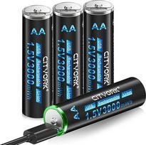 CITYORK ličio jonų įkraunamos baterijos AA, 1,5 V AA tipo įkraunamos baterijos, 3000 mWh su USB įkrovimo funkcija (4 vnt.)