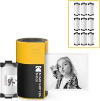 KODAK Memo Shot ERA Kids momentinis fotoaparatas ir nuotraukų etikečių spausdintuvas geltonos spalvos (fotoaparatas su 1 "One Touch" etikečių kasetės ritinėliu + 9 ritinėlių kasečių rinkinys)