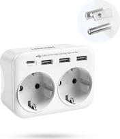 LENCENT kelioninis adapteris JAV Vokietijos kištukas, B tipo kištukinis lizdas, kelioninis kištukas su 1 USB-C ir 3 USB-A prievadais, dvigubas ES "Schuko" kištukas į JAV, skirtas Amerikos, Meksikos, Kanados, Tailando, Kosta Rikos kištukiniams lizdams