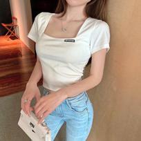 2025 Ladies' Slim Retro French Square Collar High-Waist Crop T-Shirt L balta