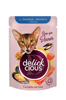 Konservuotas pašaras katėms su lašiša ir midijomis DELICKCIOUS 12x85g