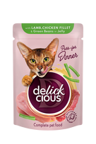 Konservuotas pašaras katėms su ėriena, vištienos filė ir šparaginėmis pupelėmis DELICKCIOUS 12x85g