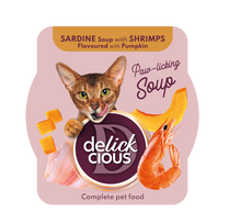 Sriuba katėms su sardinėmis, krevetėmis ir moliūgu DELICKCIOUS 12x80g